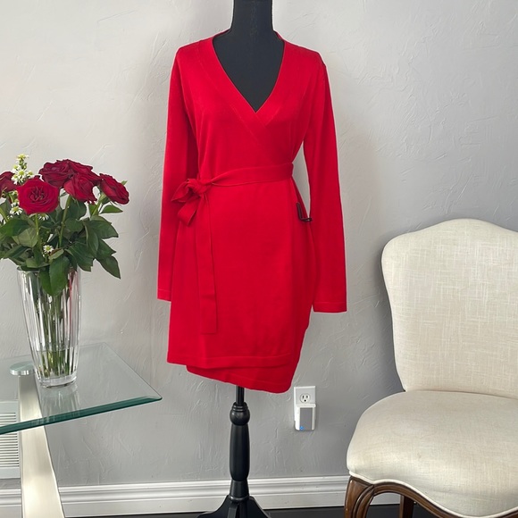 Lulu's Long Sleeve Red Wrap Sweater Dress - Picture 1 of 7